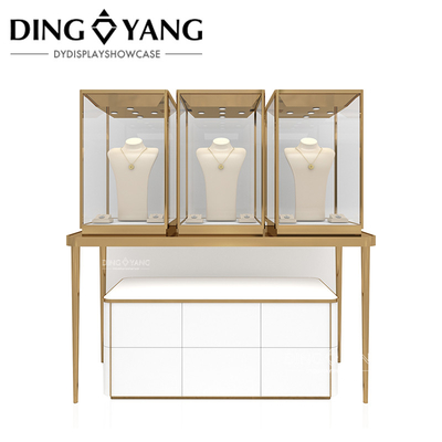 กล่องแสดงเครื่องประดับขนาดใหญ่ สําหรับร้านขายเครื่องประดับ สีทอง สายผมสีทอง สแตนเลสและแก้วที่ใส